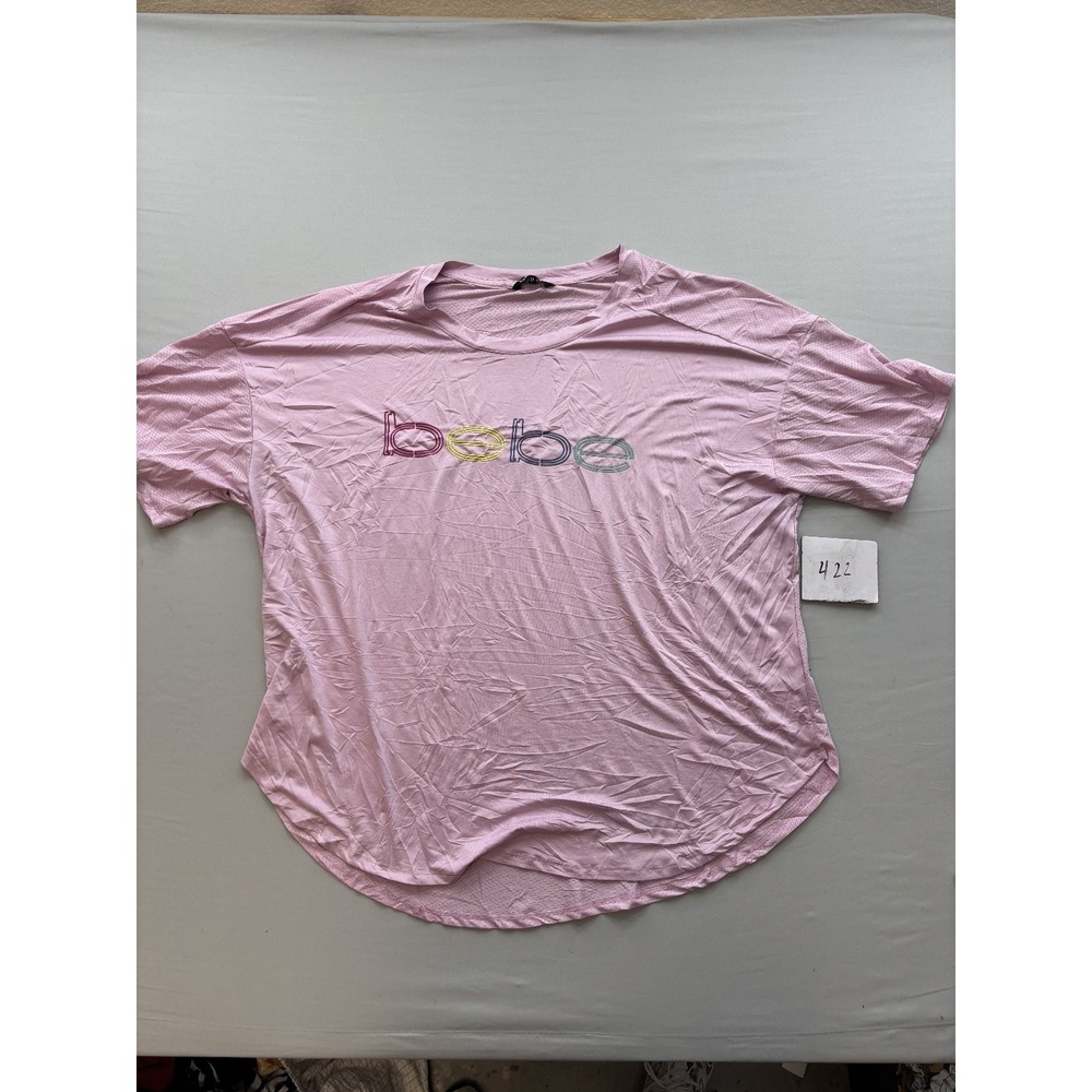 Bebe Sport Womens 3X Pink Short Sleeve Activewear Top Mesh Knit Logo Curved Hem